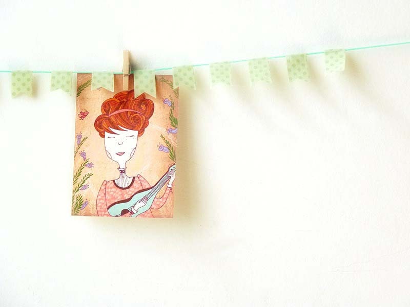 Shabby chic girly ACEO art Print - Melody peach pink rose country girl music guitar vintage dress