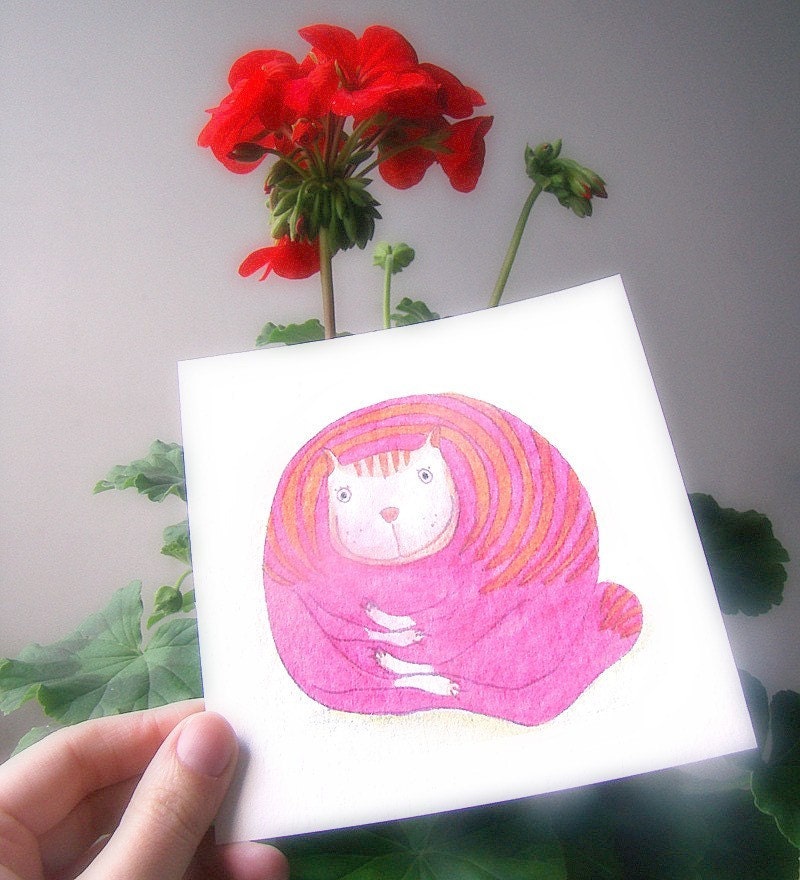 FREE SHIPPING Wall decor - Print art - Mama gato cat magenta pink raspberry fat kitty cat lover children bedding 5 x 5 print