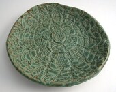 Blue Green 6.5 inch Stoneware Dish with Vintage Doily Imprint