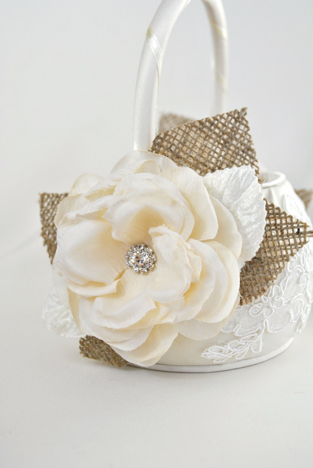 Ivory Flower Girl Basket - Burlap Wedding Flower Girl Basket