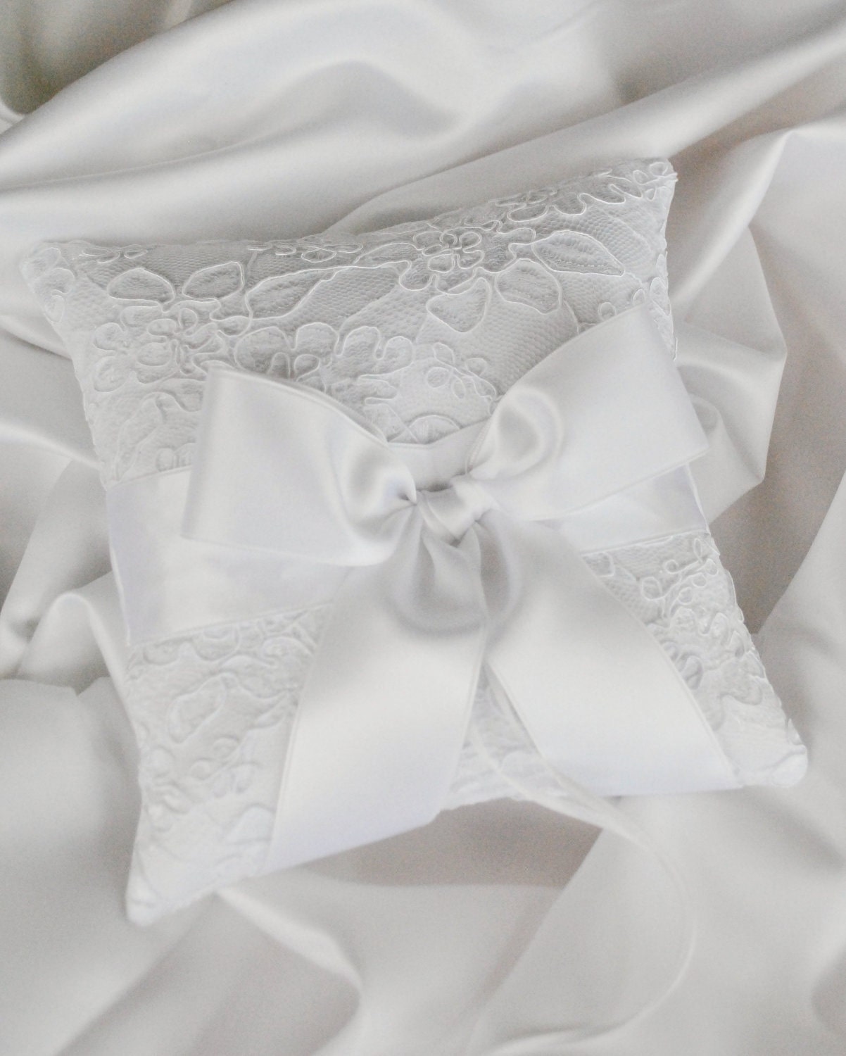 White Ring Bearer Pillow - White Alencon Lace Ring Bearer Pillow