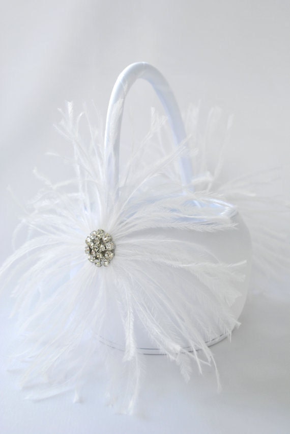 White Flower Girl Basket -Ostrich Feather Flower Girl Basket - White Satin Basket