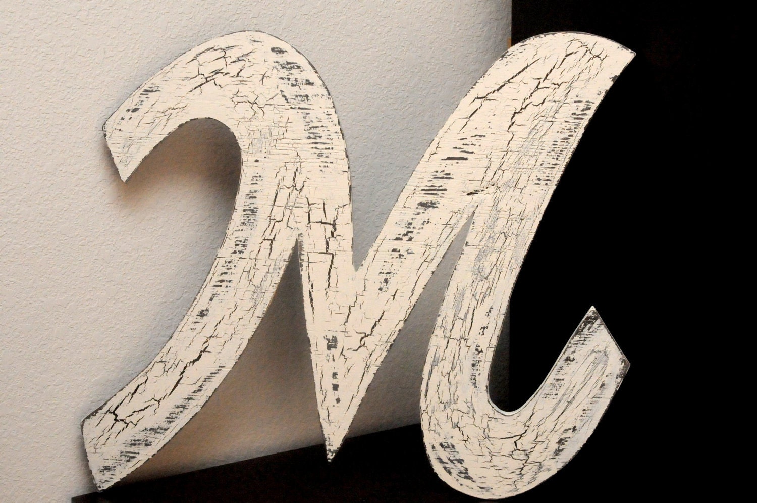 Wooden Letter Large 24 inch M Distressed White on Brown Antiqued Aged - Shabby Chic - eco friendly