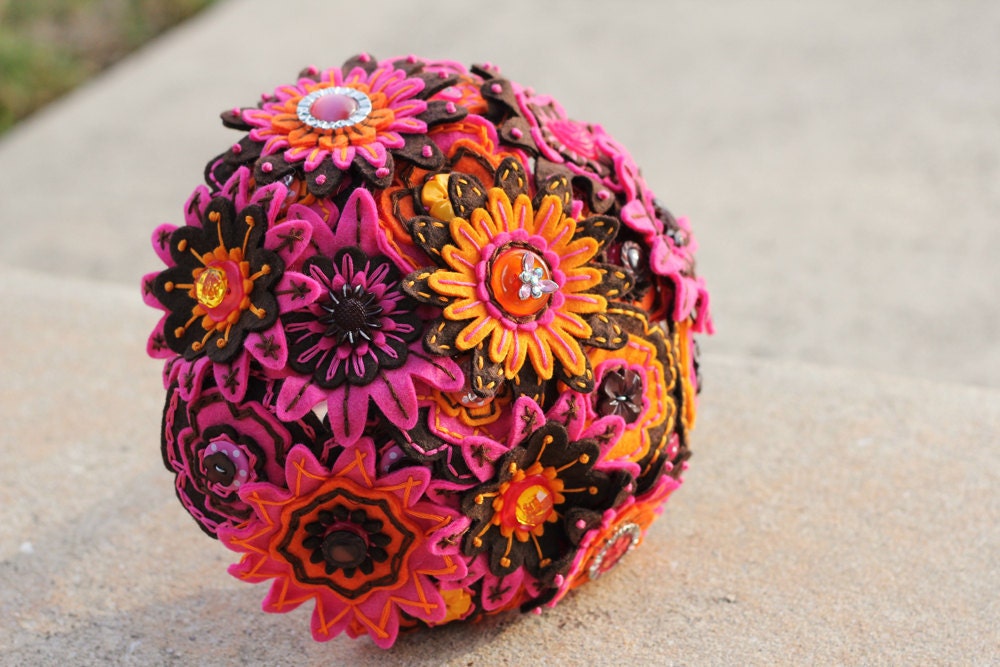 SALE: Pink Brown and Orange Felt Embroidered Bridal Bouquet