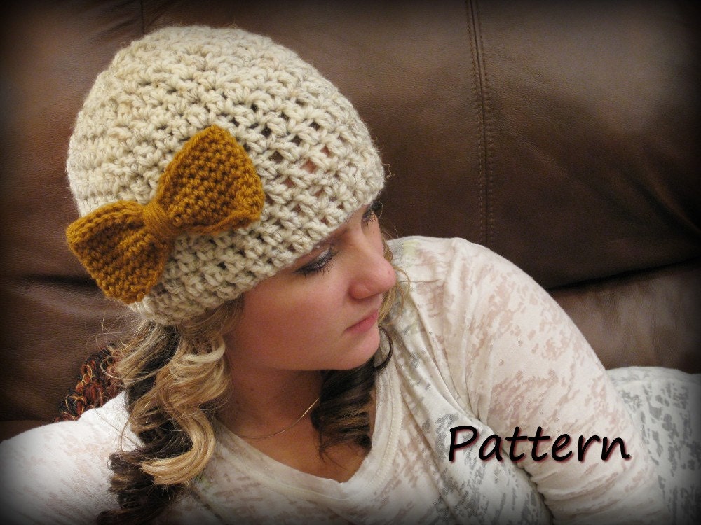 CROCHET PATTERN PDF -Instant Digital Download - Crocheted Bow Beanie - CaN sell items made from this pattern