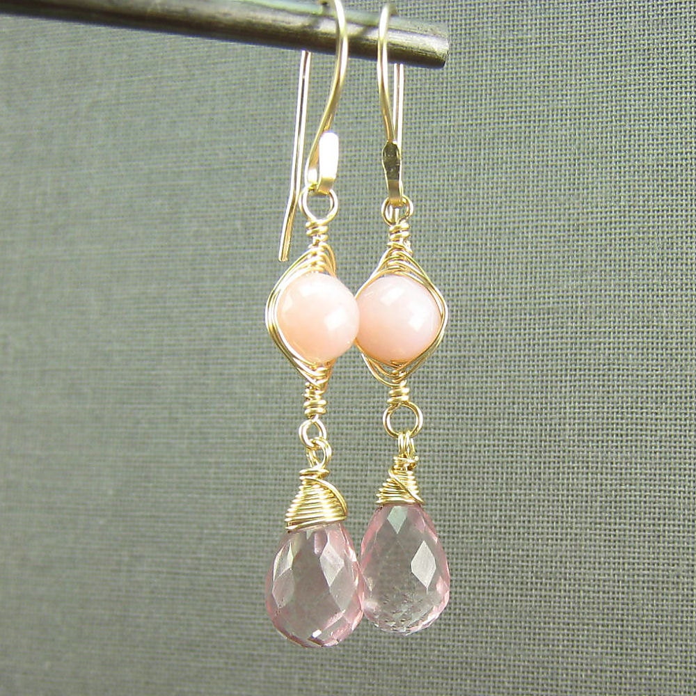 Peruvian Pink Opal and Pink Quartz Gold Fill Earrings - (499)