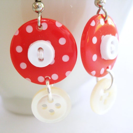Button Earrings- Darling Dangles- Red