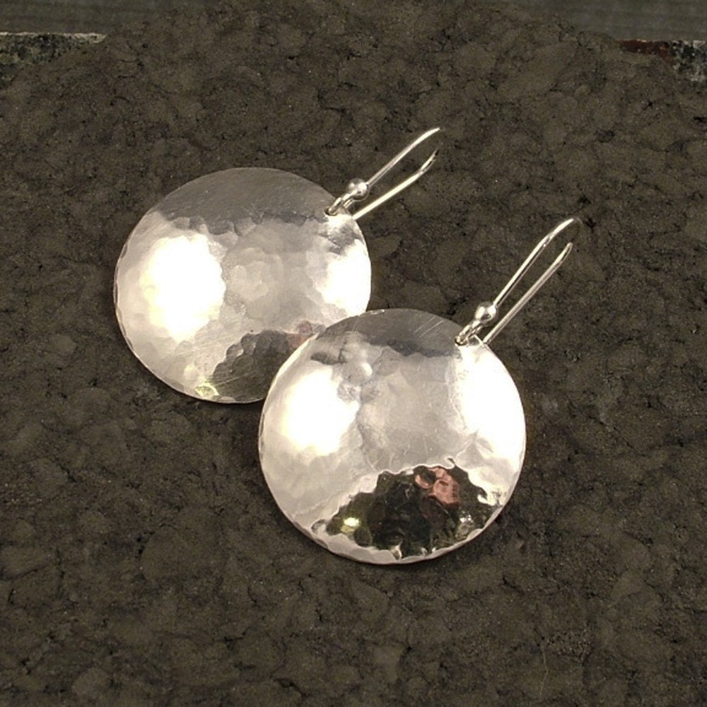 Hammered Silver Earrings - Medium / Large - One Inch Diameter - Silver Dangling Disk Earrings / Shiny or Antiqued - You Choice