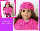 Fits American Girl or Gali Girls Dolls, Bright Pink Poncho and Hat Set,Crochet Handmade 18 Inch Doll Clothes