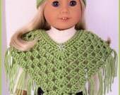 Fits American Girl Doll, Pistachio Poncho Set, Crochet, Handmade Doll Clothes, 18 Inch