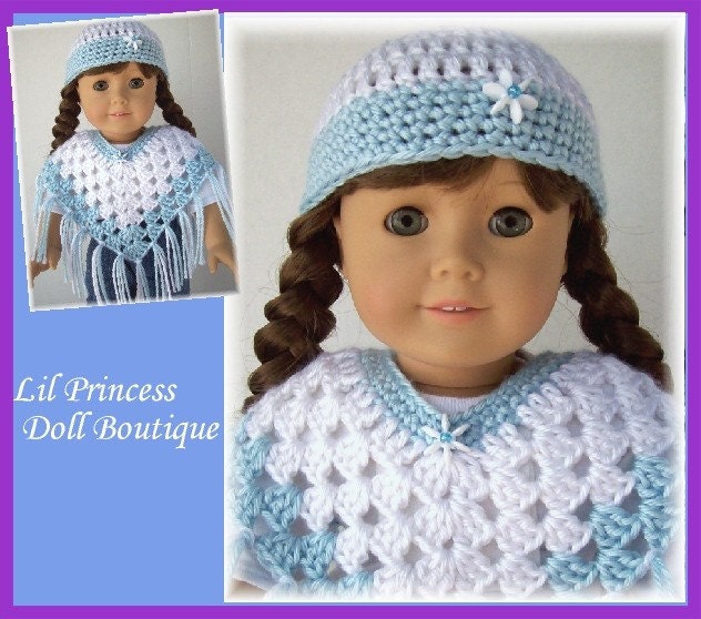 Crochet 2 Pc Poncho Set, Blue and White, Fits American Girl Dolls, 18 Inch Handmade Doll Clothes