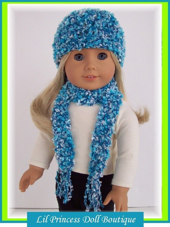 Fits American Gril Dolls, 2 Pc Crochet Hat and Scarf Set, 18 Inch Handmade Doll Clothes