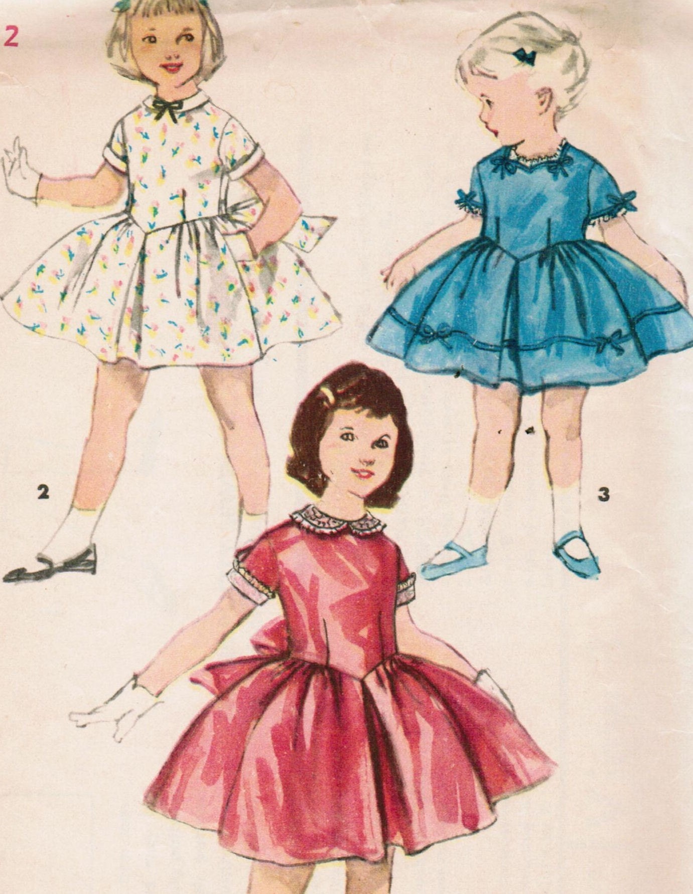 Vintage 1955 Simplicity 1444 UNCUT Sewing Pattern Child's One-Piece Dress with Detachable Collar and Cuffs Size 2