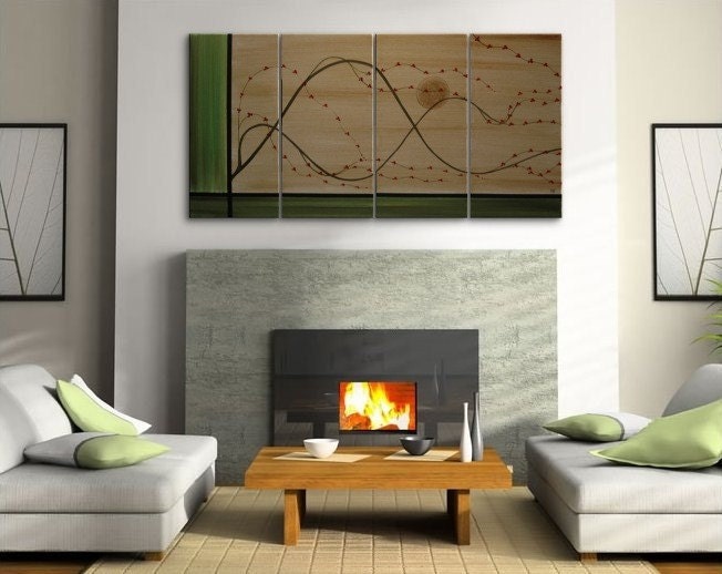 Large Cherry Blossom Painting Zen Green and Gold Abstract Asian Style Art Custom Multiple Canvases 60x30 HUGE