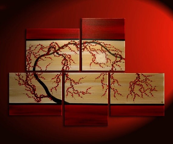 HUGE Zen Wall Art Red and Gold Large Painting Contemporary Abstract Asian Fusion Gnarly Plum Blossom Art Custom 56x40