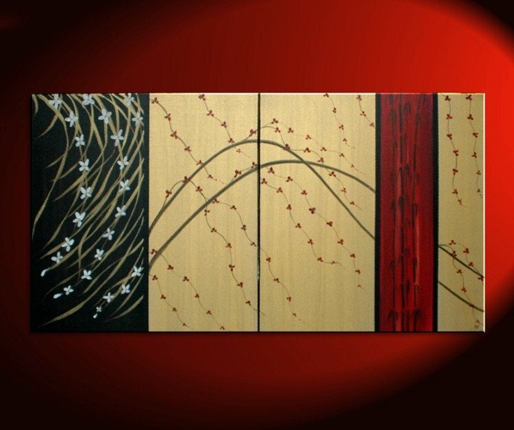 LARGE Cherry Blossom Painting Gold Red Black Abstract Modern Art Zen Asian Calming Contemporary Wall Art Bamboo & Wild Orchids Custom 60x30