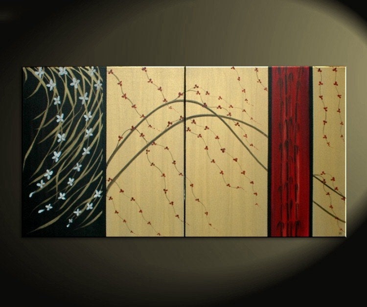 LARGE Cherry Blossom Painting Gold Red Black Abstract Modern Art Zen Asian Calming Contemporary Wall Art Bamboo & Wild Orchids Custom 60x30