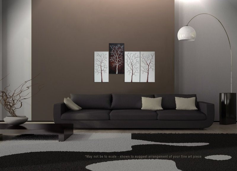 Large Tree Painting for Sale Four Canvases Modern Abstract Art Brown and White Original Zen Wall Art Custom Made 60x30