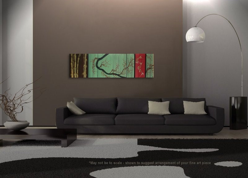 Large CUSTOM Chocolate Brown Green and Gold Cherry Blossom Koi Fish and Bamboo Painting Original Abstract Asian Zen Art 60x16
