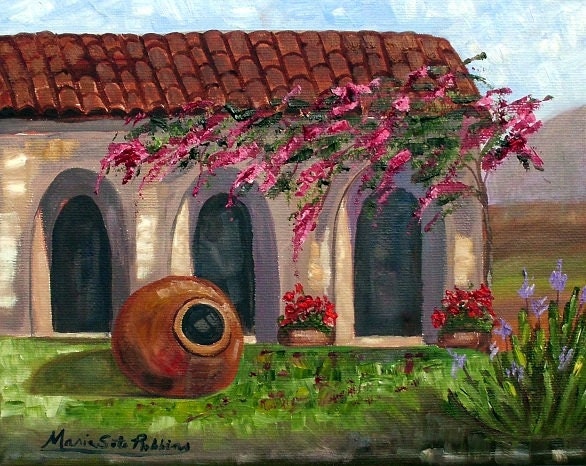 Cuban Courtyard with Tinajon and Bougainvillea