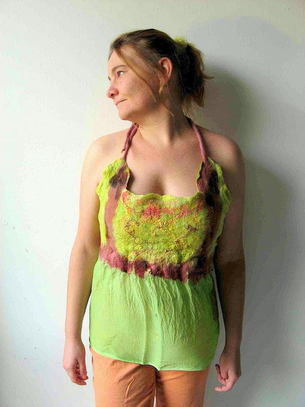 Neon Halter Neck Tie Top Nuno Felted Pure Silk  (S or M size) Green