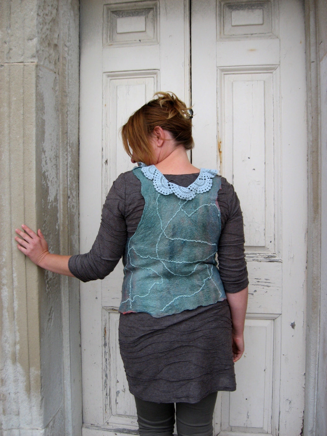 Felted Vest with Vintage Lace Collar - REVERSIBLE (mixed merino wool and mulberry silk)