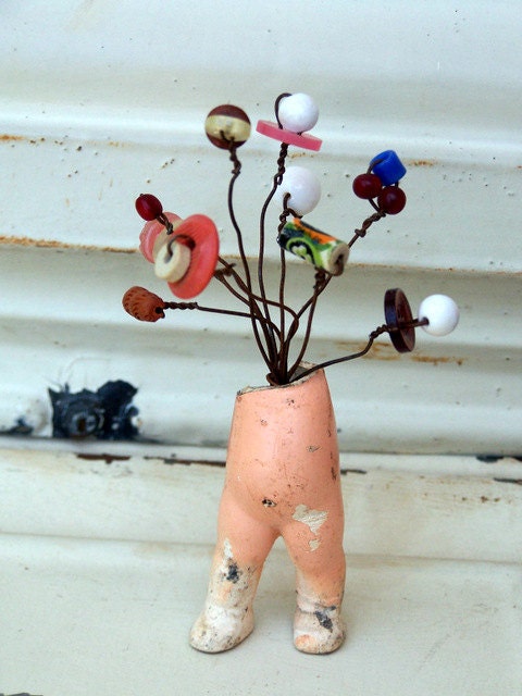 Original Assemblage Sculpture Antique Doll Body with bead and button flowers, altered art