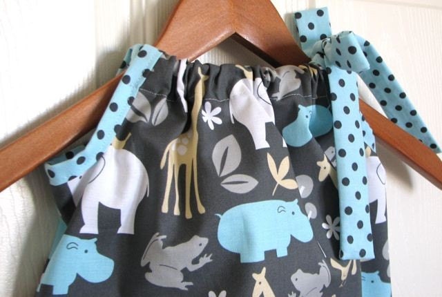 Girl Clothing - Pillowcase Dress - Girl Dress in Grey and Aqua Zoo Animals