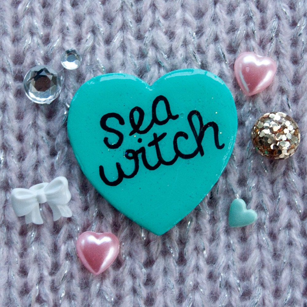 Sea Witch / Hand Painted Wooden Teal Glitter Heart Pin