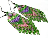 Green, Purple and Pink Sparkling Silver Lined Brick Stitched Dangle fringed Seed Beaded Earrings