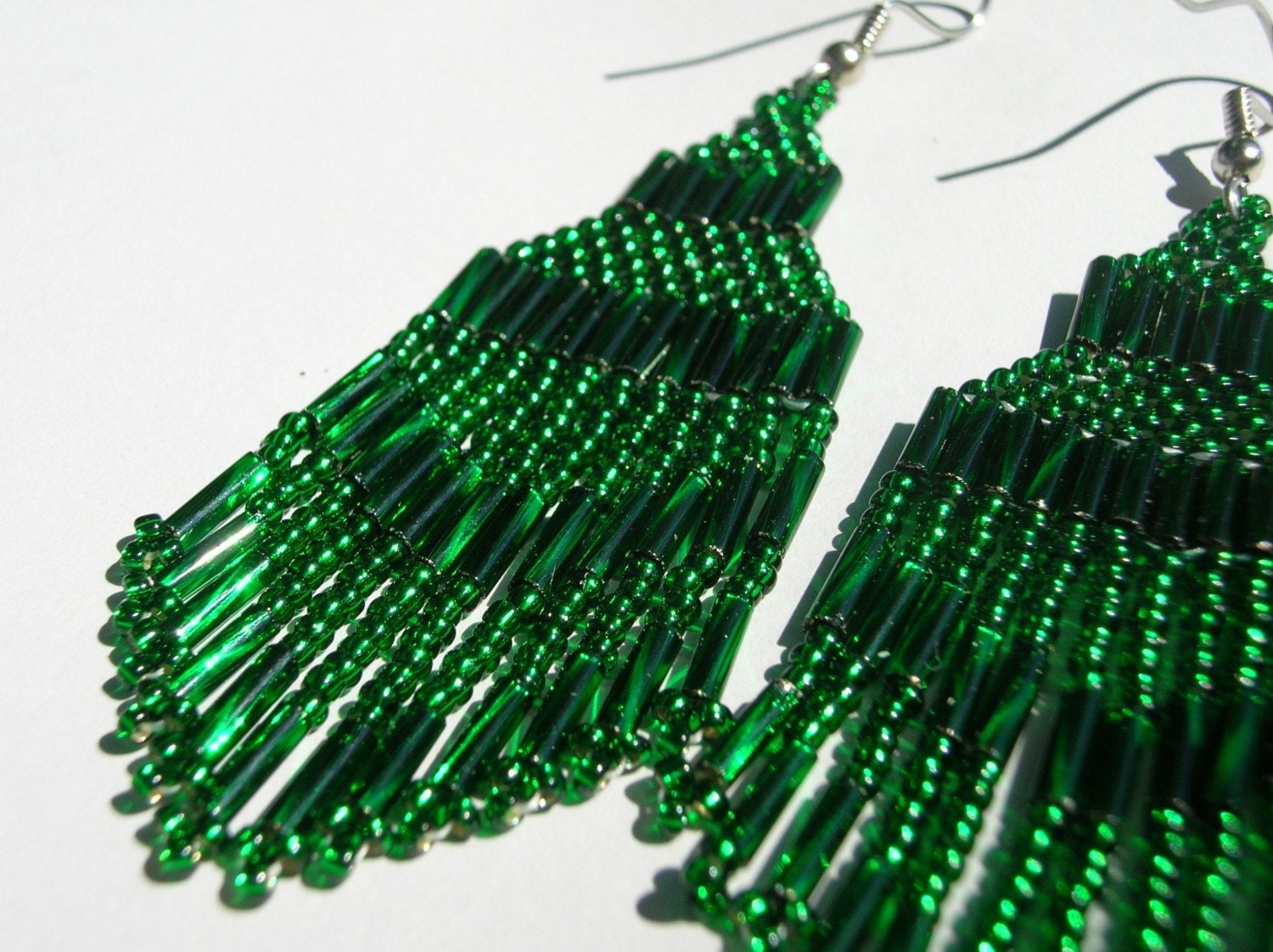 Beautiful Emerald Green Seed Beaded Chandelier Fringed Earrings