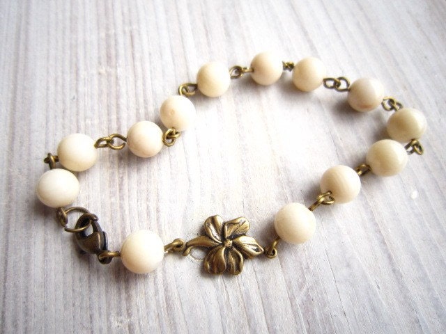 Clara Vintage Orchid Flower Bracelet in White Coral and Brass
