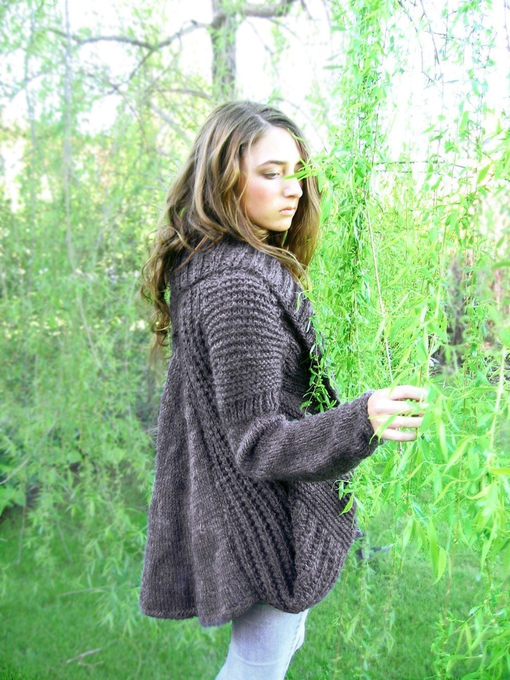 hand knit cardigan MIA with pockets draped back high fashion design magenta in stock