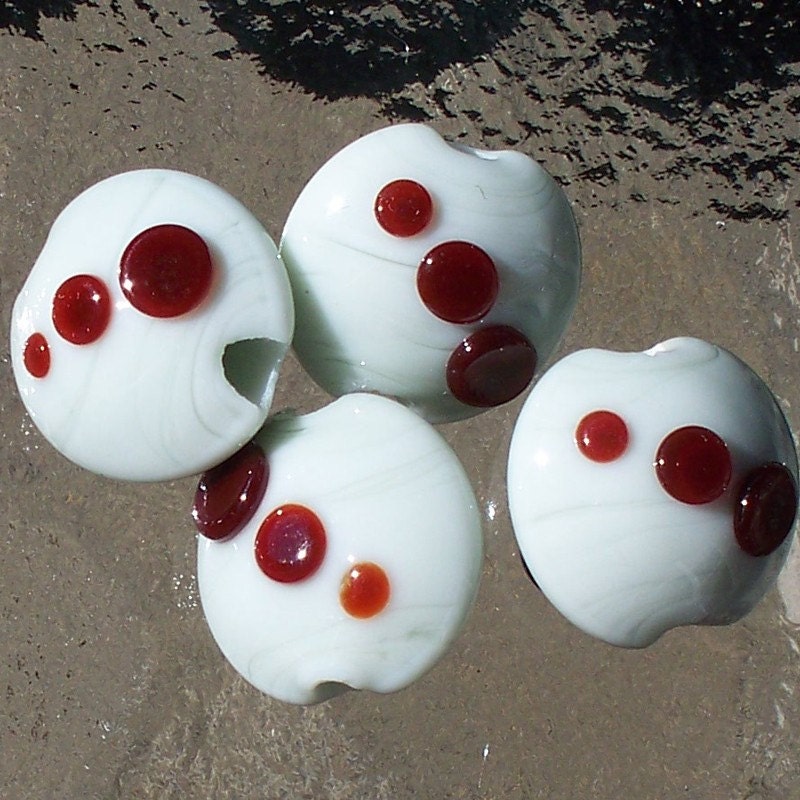 Mod Lentil Bead Set - Celadon Lampwork Beads with Raised Brown Dots (4 beads)