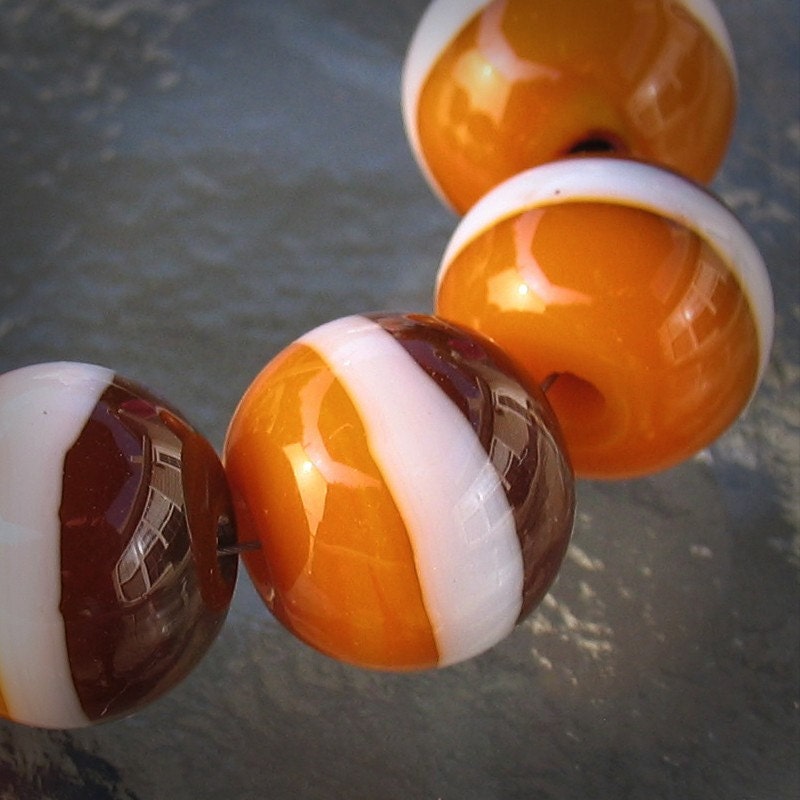 Brown, Golden Orange and White Striped Round Lampwork Bead Set (6)