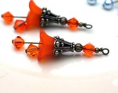 2 Piece Orange Vintage Style Lucite Flower and Crystal Bead Dangle Charm Drop Set