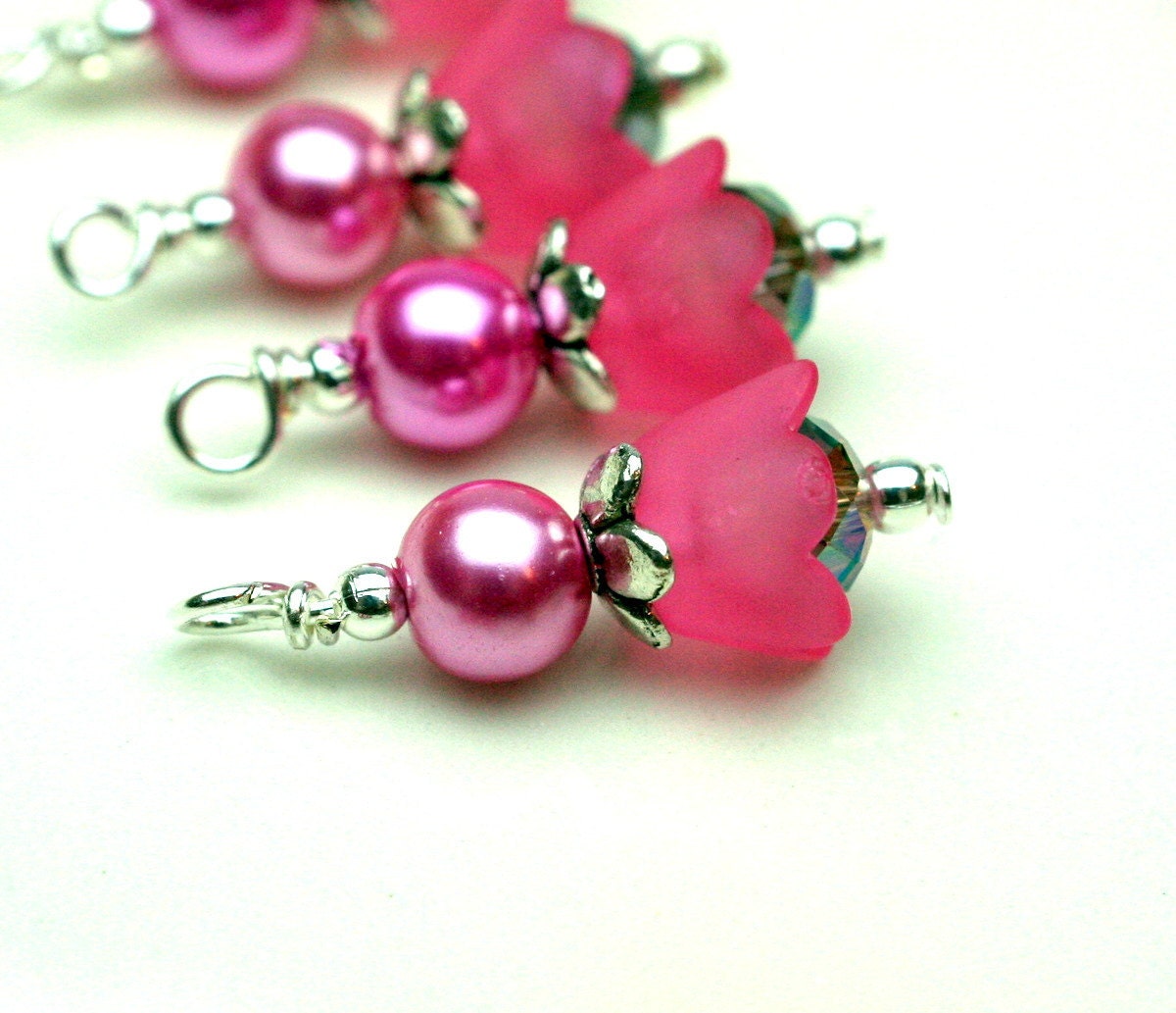 Baby Bell Lucite Flower Bright Pink Bead Dangle Charm Drop Set - 4 Piece Set