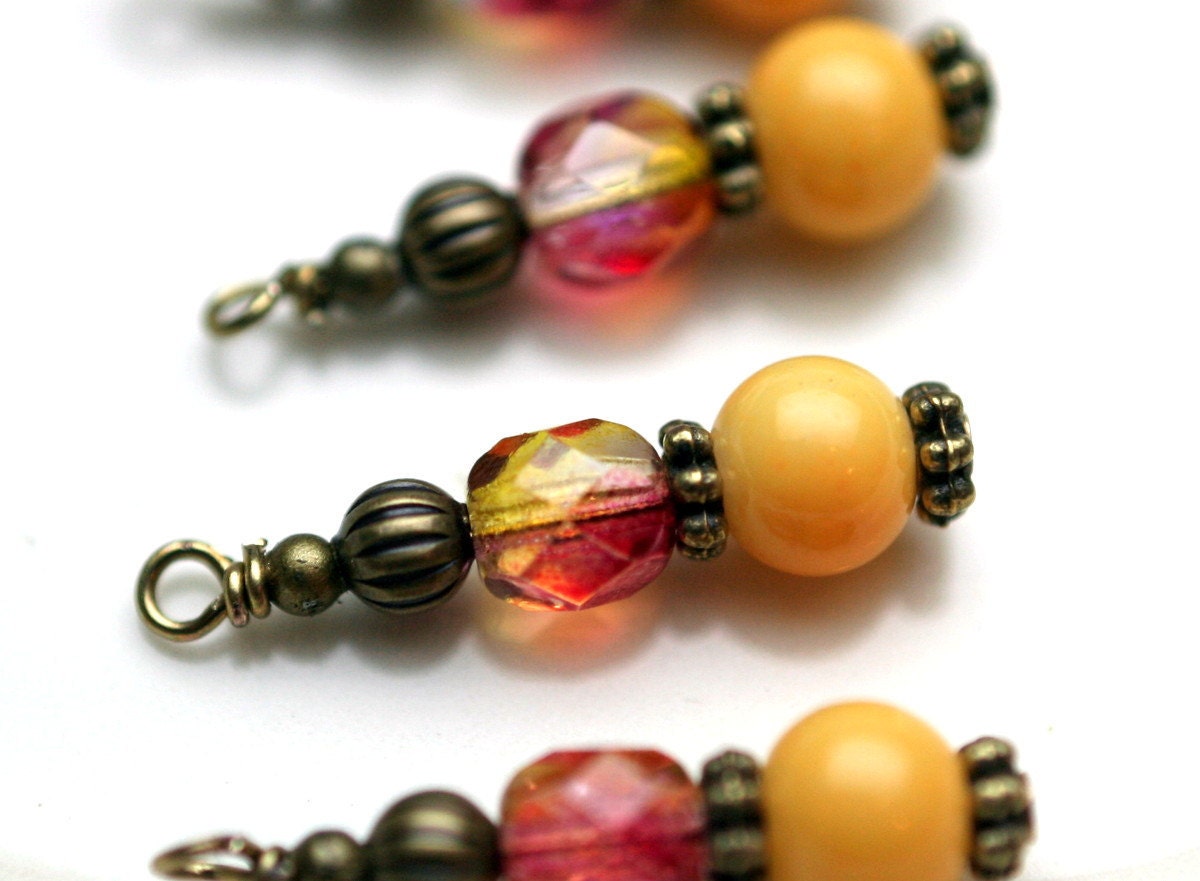 Bright Yellow and Topaz Pink Bead Dangle Charm Drop Set with Brass - 4 Piece