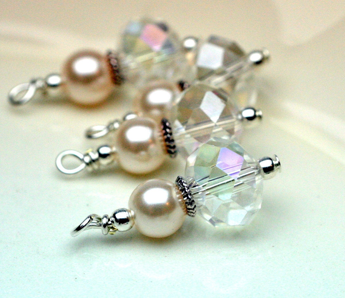 Bead Dangle Charm Drop Set with Clear AB Rondelle Crystals and Pearls - 4 Piece Set