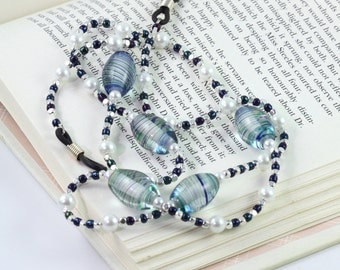 Eyeglass Holder Lanyard White Pearl Royal Blue Lampwork Glass Beaded Leash Back to School for Teacher