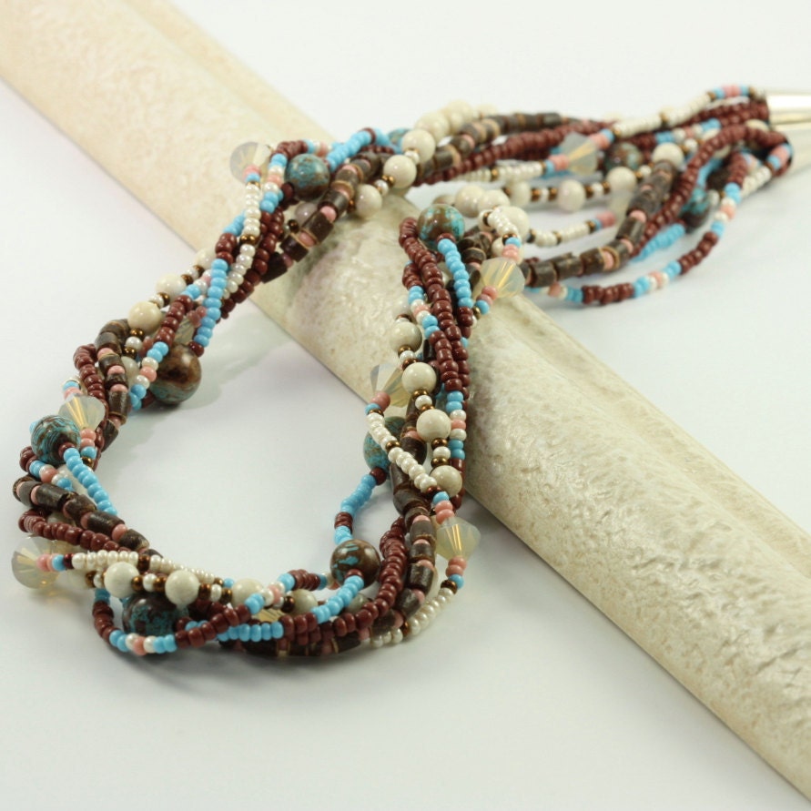 Multi Strand Necklace Blue Sky Jasper Latte Brown Cream Coffee Tea Pendant