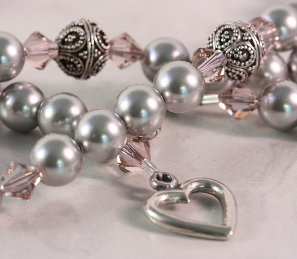 Smoke Gray Pearl Necklace Pink Dusty Rose Mauve Pastel Crystal Sterling Silver Bridal Jewelry Heart Clasp