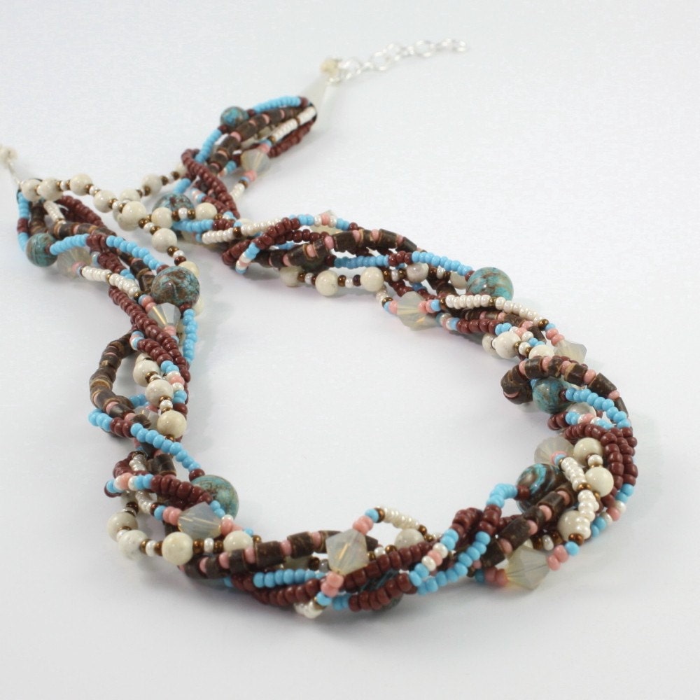 Multi Strand Necklace Blue Sky Jasper Latte Brown Cream Coffee Tea Pendant