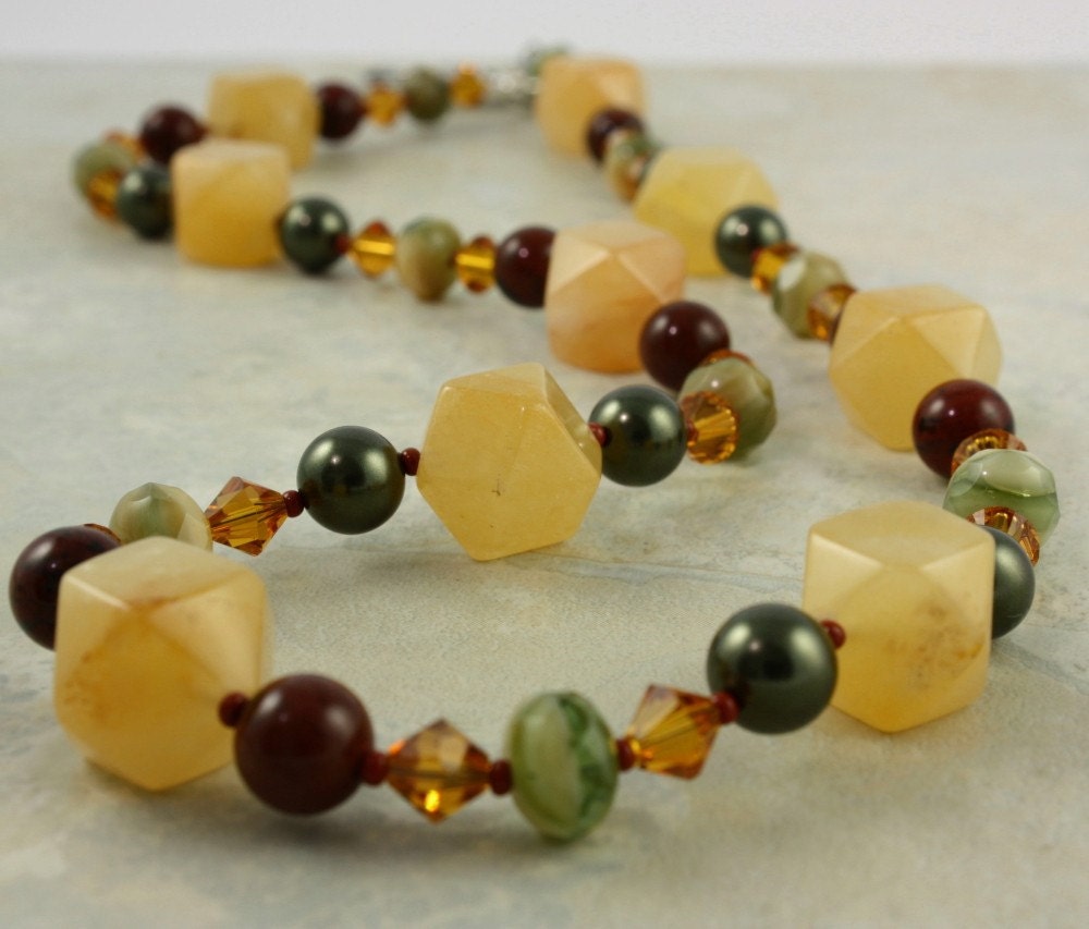 Yellow Jade Necklace Green Topaz Mahogany Obsidian Brown Gemstone Woodland