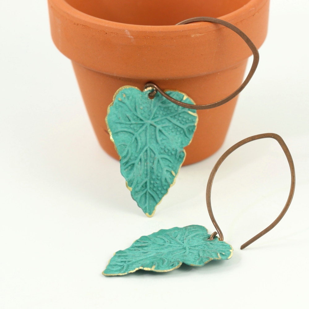 Teal Blue Leaf Earrings Rustic Brass Patina Handmade Copper Ear Wires Woodland Jewelry