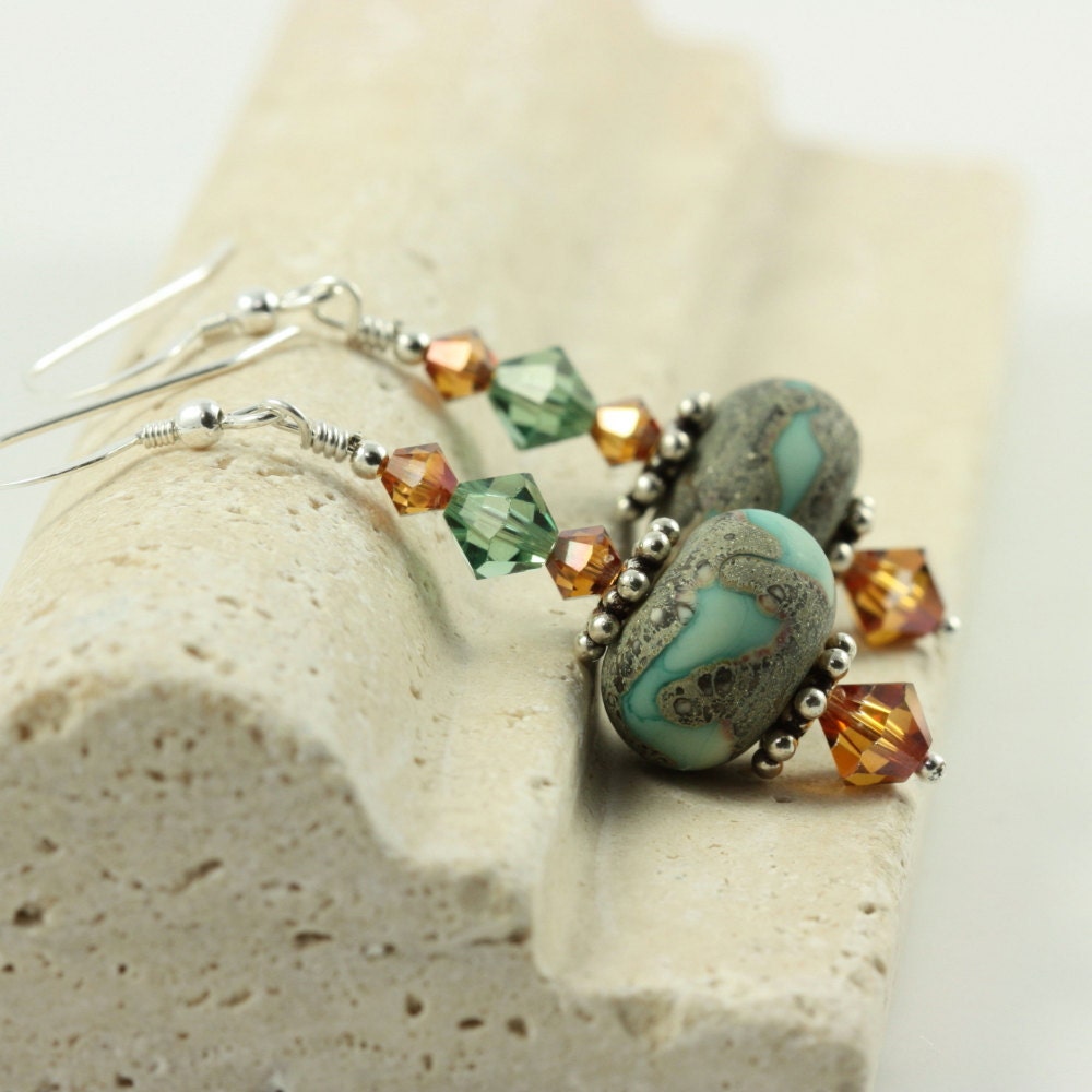 Lampwork Earrings Copper Green Earthy Sterling Silver Swarovski Crystal
