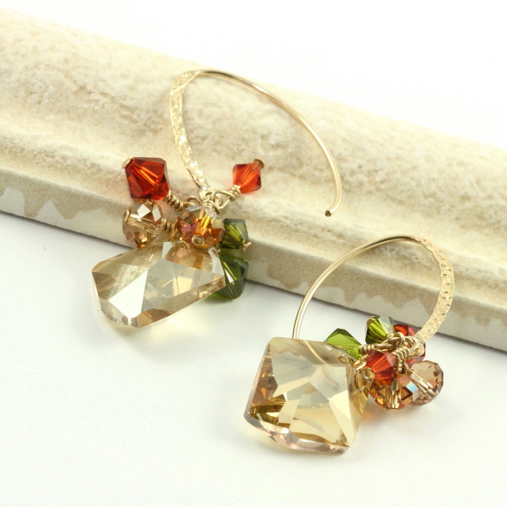 Champagne Cluster Earrings Golden Autumn Olive Green Cluster Prom Jewelry Gold Ear Wires