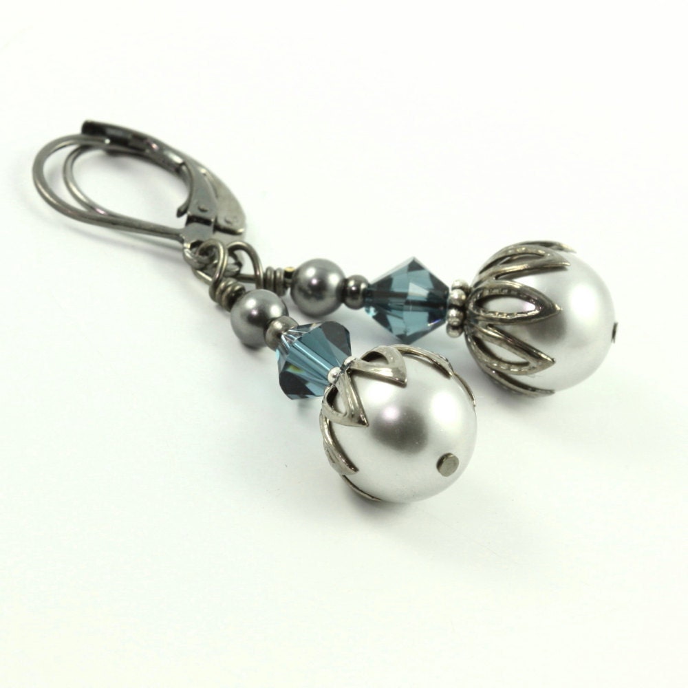 Blue Crystal Earrings Gray Pearl Gunmetal Ear Wires