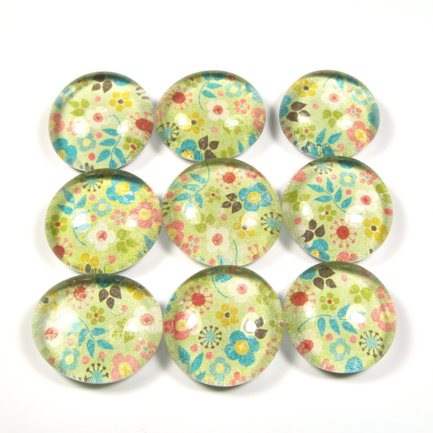 Glass Marble Magnets or Push Pins Set -  Flower Garden
