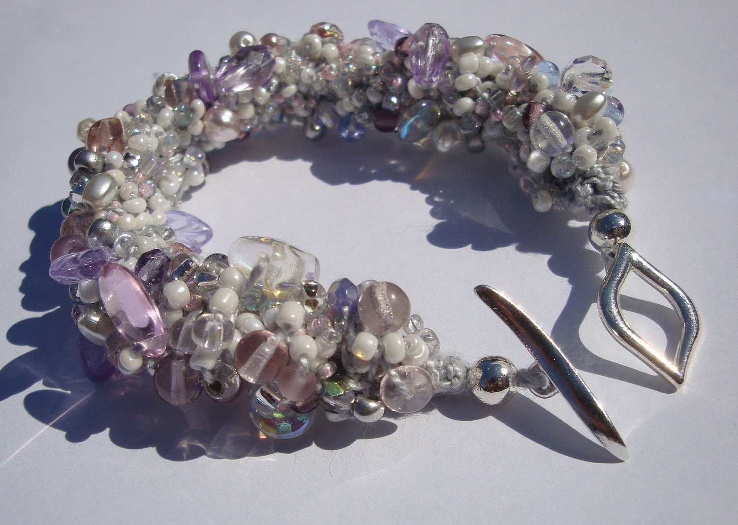 Bracelet, Beaded Cuff, Lavender, Pink, White, Purple, Blue, Silver, Grey Czech Glass Beads - Hand Knit Bangle